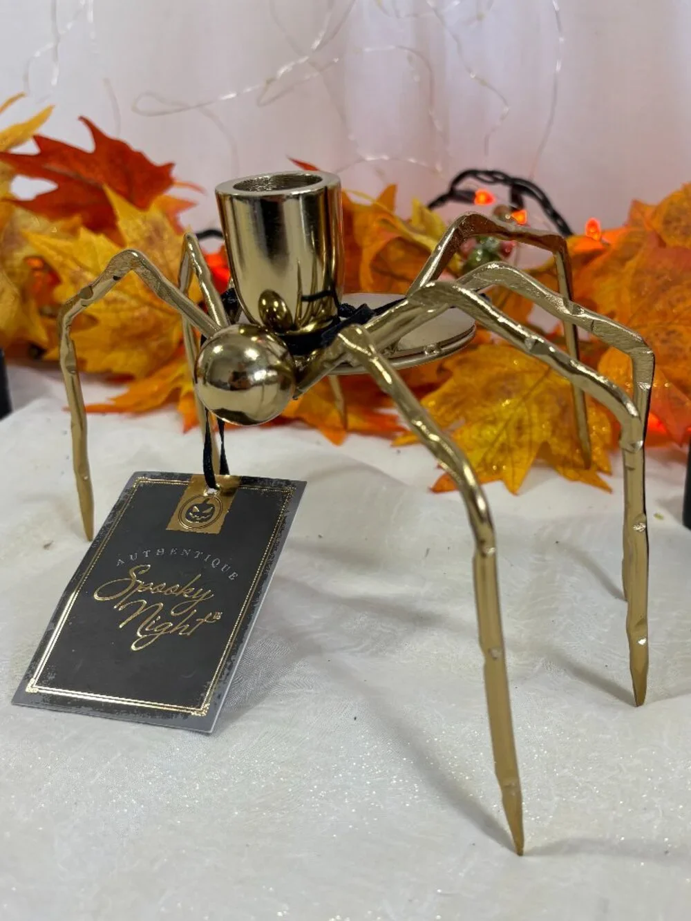 Spooky Nights Gold Metal LG Halloween Creepy Spider Taper Holder Set of 2 New